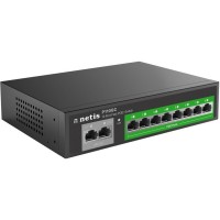 Netis P110GC неуправляемый, 8 портов Ethernet 1000 Мбит/с, 2 порта uplink/стек/SFP 1000 Мбит/с, поддержка PoE/PoE+, размеры 190 x 43 x 140 мм, бюджет PoE 100Вт
