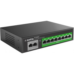 Netis P110GC неуправляемый, 8 портов Ethernet 1000 Мбит/с, 2 порта uplink/стек/SFP 1000 Мбит/с, поддержка PoE/PoE+, размеры 190 x 43 x 140 мм, бюджет PoE 100Вт